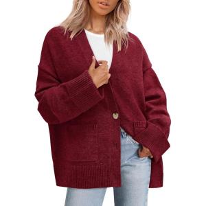 imagePRETTYGARDEN Womens 2025 Oversized Cardigan Sweaters Trendy Chunky Knit Long Sleeve V Neck Button Down Fall Winter OutfitsBurgundy