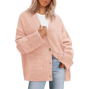 imagePRETTYGARDEN Womens 2025 Oversized Cardigan Sweaters Trendy Chunky Knit Long Sleeve V Neck Button Down Fall Winter OutfitsPink