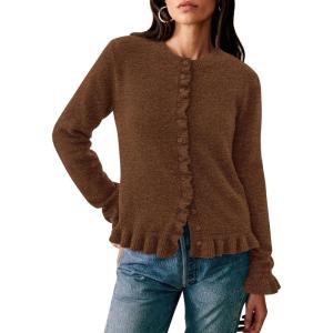 imagePRETTYGARDEN Womens Fall Button Down Cardigans Chunky Knit Ruffle Open Front Cropped Cardigan Sweaters Soft Long Sleeve TopsBrown