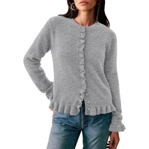 imagePRETTYGARDEN Womens Fall Button Down Cardigans Chunky Knit Ruffle Open Front Cropped Cardigan Sweaters Soft Long Sleeve TopsGrey
