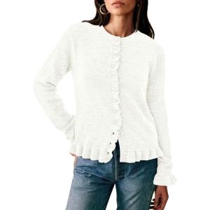 imagePRETTYGARDEN Womens Fall Button Down Cardigans Chunky Knit Ruffle Open Front Cropped Cardigan Sweaters Soft Long Sleeve TopsWhite