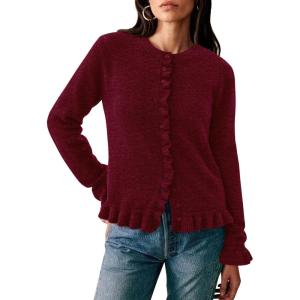 imagePRETTYGARDEN Womens Fall Button Down Cardigans Chunky Knit Ruffle Open Front Cropped Cardigan Sweaters Soft Long Sleeve TopsWine Red
