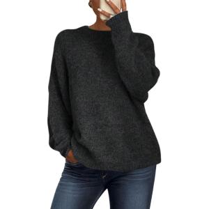 imagePRETTYGARDEN Womens Fall Long Sleeve Sweater Crew Neck Fuzzy Loose Fit Chunky Knit Pullover Sweaters Going Out TopsBlack