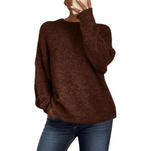 imagePRETTYGARDEN Womens Fall Long Sleeve Sweater Crew Neck Fuzzy Loose Fit Chunky Knit Pullover Sweaters Going Out TopsDark Brown