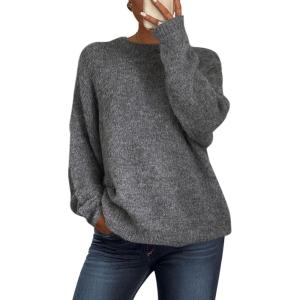 imagePRETTYGARDEN Womens Fall Long Sleeve Sweater Crew Neck Fuzzy Loose Fit Chunky Knit Pullover Sweaters Going Out TopsDark Grey