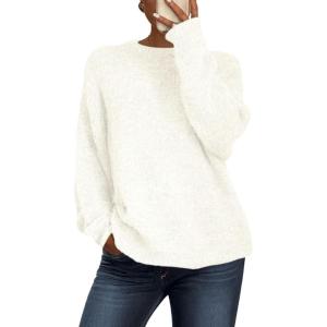 imagePRETTYGARDEN Womens Fall Long Sleeve Sweater Crew Neck Fuzzy Loose Fit Chunky Knit Pullover Sweaters Going Out TopsWhite