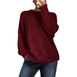 imagePRETTYGARDEN Womens Fall Long Sleeve Sweater Crew Neck Fuzzy Loose Fit Chunky Knit Pullover Sweaters Going Out TopsWine Red