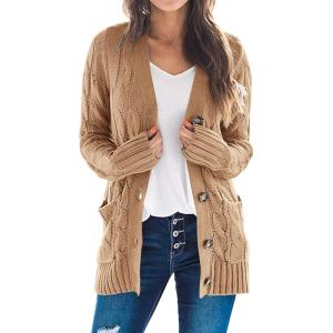 imagePRETTYGARDEN Womens Open Front Cardigan Sweaters Fall Fashion Button Down Cable Knit Chunky Winter Clothing Outerwear CoatsKhaki