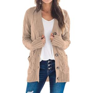imagePRETTYGARDEN Womens Open Front Cardigan Sweaters Fall Fashion Button Down Cable Knit Chunky Winter Clothing Outerwear CoatsTan