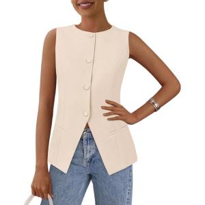 imagePRETTYGARDEN Womens Suit Vest Tops 2025 Summer Dressy Casual Business Button Sleeveless Trendy Fashion Blazer WaistcoatApricot