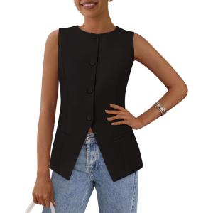 imagePRETTYGARDEN Womens Suit Vest Tops 2025 Summer Dressy Casual Business Button Sleeveless Trendy Fashion Blazer WaistcoatBlack