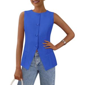 imagePRETTYGARDEN Womens Suit Vest Tops 2025 Summer Dressy Casual Business Button Sleeveless Trendy Fashion Blazer WaistcoatBlue