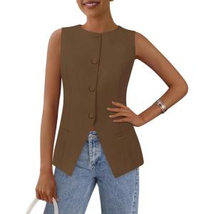 imagePRETTYGARDEN Womens Suit Vest Tops 2025 Summer Dressy Casual Business Button Sleeveless Trendy Fashion Blazer WaistcoatCoffee