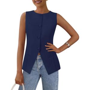 imagePRETTYGARDEN Womens Suit Vest Tops 2025 Summer Dressy Casual Business Button Sleeveless Trendy Fashion Blazer WaistcoatDark Blue