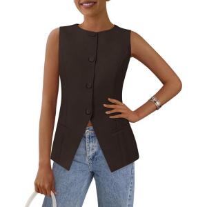 imagePRETTYGARDEN Womens Suit Vest Tops 2025 Summer Dressy Casual Business Button Sleeveless Trendy Fashion Blazer WaistcoatDark Coffee