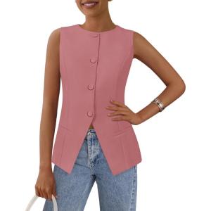 imagePRETTYGARDEN Womens Suit Vest Tops 2025 Summer Dressy Casual Business Button Sleeveless Trendy Fashion Blazer WaistcoatDark Pink