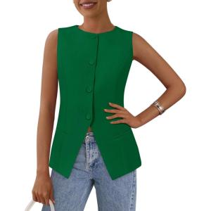 imagePRETTYGARDEN Womens Suit Vest Tops 2025 Summer Dressy Casual Business Button Sleeveless Trendy Fashion Blazer WaistcoatGreen