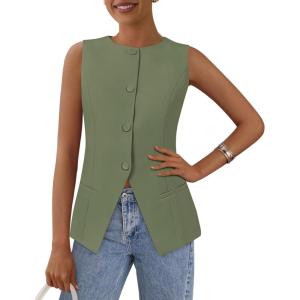 imagePRETTYGARDEN Womens Suit Vest Tops 2025 Summer Dressy Casual Business Button Sleeveless Trendy Fashion Blazer WaistcoatLight Green