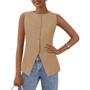 imagePRETTYGARDEN Womens Suit Vest Tops 2025 Summer Dressy Casual Business Button Sleeveless Trendy Fashion Blazer WaistcoatLight Khaki