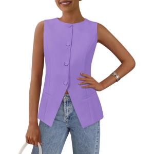 imagePRETTYGARDEN Womens Suit Vest Tops 2025 Summer Dressy Casual Business Button Sleeveless Trendy Fashion Blazer WaistcoatLight Purple