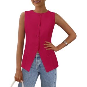 imagePRETTYGARDEN Womens Suit Vest Tops 2025 Summer Dressy Casual Business Button Sleeveless Trendy Fashion Blazer WaistcoatMagenta