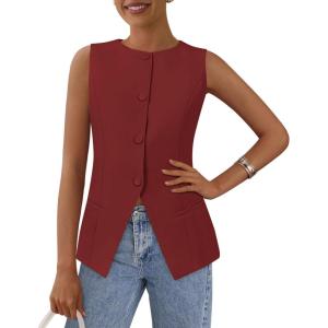imagePRETTYGARDEN Womens Suit Vest Tops 2025 Summer Dressy Casual Business Button Sleeveless Trendy Fashion Blazer WaistcoatOrange Red