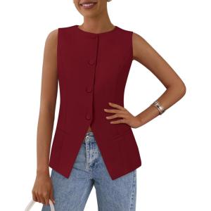 imagePRETTYGARDEN Womens Suit Vest Tops 2025 Summer Dressy Casual Business Button Sleeveless Trendy Fashion Blazer WaistcoatRed