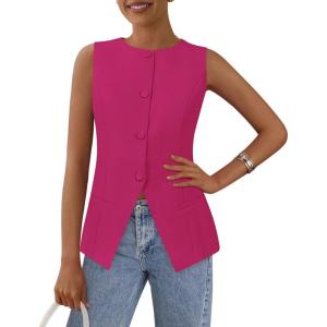 imagePRETTYGARDEN Womens Suit Vest Tops 2025 Summer Dressy Casual Business Button Sleeveless Trendy Fashion Blazer WaistcoatRose Red
