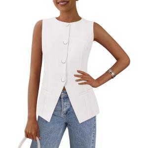 imagePRETTYGARDEN Womens Suit Vest Tops 2025 Summer Dressy Casual Business Button Sleeveless Trendy Fashion Blazer WaistcoatWhite