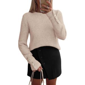 imagePRETTYGARDEN Womens Sweaters Fall Fashion 2025 Casual Crewneck Pullover Button Long Sleeve Cute Knit Tops Winter ClothesBeige