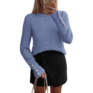 imagePRETTYGARDEN Womens Sweaters Fall Fashion 2025 Casual Crewneck Pullover Button Long Sleeve Cute Knit Tops Winter ClothesBlue