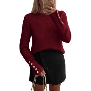 imagePRETTYGARDEN Womens Sweaters Fall Fashion 2025 Casual Crewneck Pullover Button Long Sleeve Cute Knit Tops Winter ClothesBurgundy