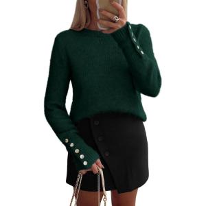 imagePRETTYGARDEN Womens Sweaters Fall Fashion 2025 Casual Crewneck Pullover Button Long Sleeve Cute Knit Tops Winter ClothesDark Green