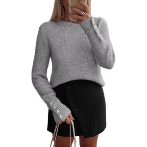 imagePRETTYGARDEN Womens Sweaters Fall Fashion 2025 Casual Crewneck Pullover Button Long Sleeve Cute Knit Tops Winter ClothesGrey