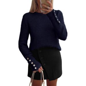 imagePRETTYGARDEN Womens Sweaters Fall Fashion 2025 Casual Crewneck Pullover Button Long Sleeve Cute Knit Tops Winter ClothesNavy Blue