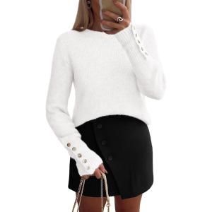 imagePRETTYGARDEN Womens Sweaters Fall Fashion 2025 Casual Crewneck Pullover Button Long Sleeve Cute Knit Tops Winter ClothesWhite