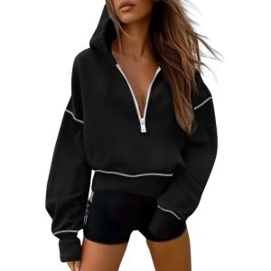 imagePRETTYGARDEN Womens 2025 Fall Hooded Sweatshirts Long Sleeve Half Zip Cropped Hoodies Pullover Winter Fashion ClothesBlack