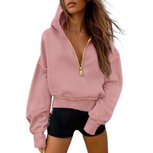 imagePRETTYGARDEN Womens 2025 Fall Hooded Sweatshirts Long Sleeve Half Zip Cropped Hoodies Pullover Winter Fashion ClothesPink