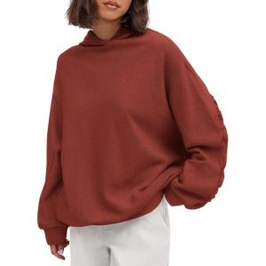 imagePRETTYGARDEN Womens Oversized Hoodie Sweatshirts 2025 Fall Casual Ruched Long Sleeve Hooded Pullover Y2K Tops Trendy ClothesRust