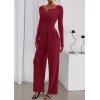 imagePRETTYGARDEN Jumpsuits for Women Dressy Casual 2025 Fall One Piece Outfits Long Sleeve Crew Neck Wide Leg Pants RompersBurgundy