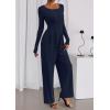 imagePRETTYGARDEN Jumpsuits for Women Dressy Casual 2025 Fall One Piece Outfits Long Sleeve Crew Neck Wide Leg Pants RompersNavy Blue