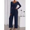 imagePRETTYGARDEN Jumpsuits for Women Dressy Casual 2025 Fall One Piece Outfits Long Sleeve Crew Neck Wide Leg Pants RompersNavy Blue