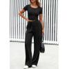 imagePRETTYGARDEN Womens 2 Piece Outfits Summer 2025 Ribbed Knit Button Short Sleeve Tops Casual Wide Leg Pants Lounge SetsBlack