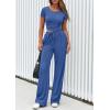 imagePRETTYGARDEN Womens 2 Piece Outfits Summer 2025 Ribbed Knit Button Short Sleeve Tops Casual Wide Leg Pants Lounge SetsBlue