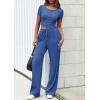 imagePRETTYGARDEN Womens 2 Piece Outfits Summer 2025 Ribbed Knit Button Short Sleeve Tops Casual Wide Leg Pants Lounge SetsBlue