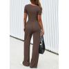 imagePRETTYGARDEN Womens 2 Piece Outfits Summer 2025 Ribbed Knit Button Short Sleeve Tops Casual Wide Leg Pants Lounge SetsCoffee
