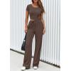 imagePRETTYGARDEN Womens 2 Piece Outfits Summer 2025 Ribbed Knit Button Short Sleeve Tops Casual Wide Leg Pants Lounge SetsCoffee