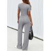 imagePRETTYGARDEN Womens 2 Piece Outfits Summer 2025 Ribbed Knit Button Short Sleeve Tops Casual Wide Leg Pants Lounge SetsGrey