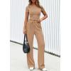 imagePRETTYGARDEN Womens 2 Piece Outfits Summer 2025 Ribbed Knit Button Short Sleeve Tops Casual Wide Leg Pants Lounge SetsKhaki