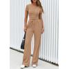 imagePRETTYGARDEN Womens 2 Piece Outfits Summer 2025 Ribbed Knit Button Short Sleeve Tops Casual Wide Leg Pants Lounge SetsKhaki